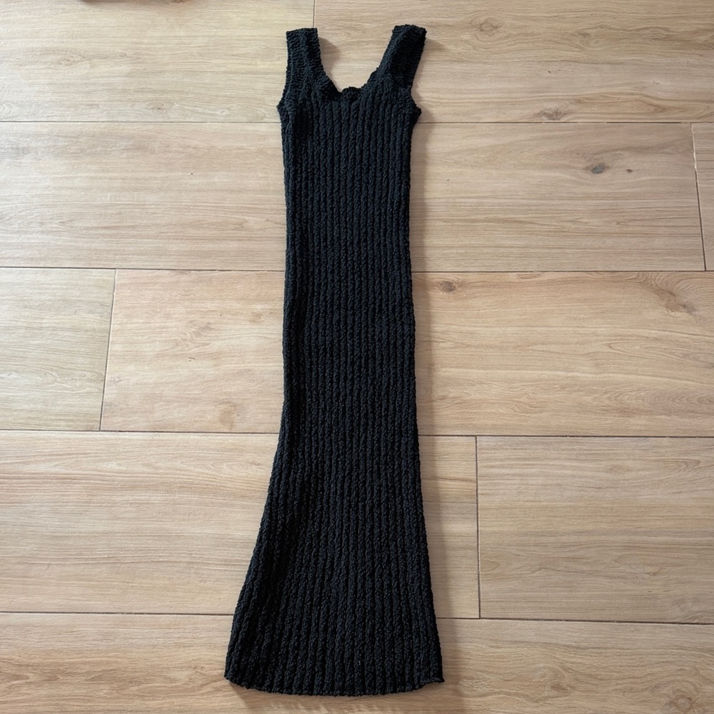 All Row Black Chunky Ribbed Knit Maxi‎ Dress Sleeveless Slit Scoop Neck Women's - Picture 5 of 6